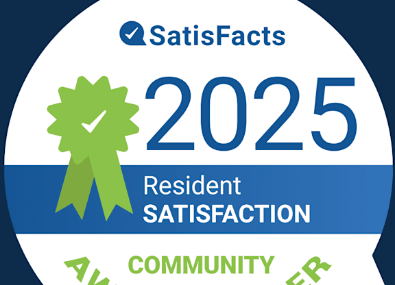 A badge indicating a Satisfacts 2025 Resident Satisfaction Community Award Winner.