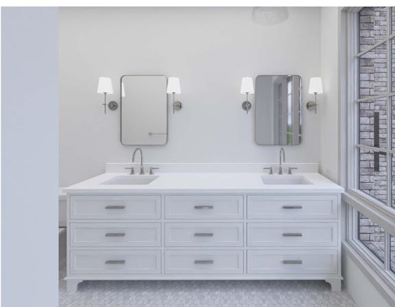 A white bathroom vanity with a mirror and lights above it.