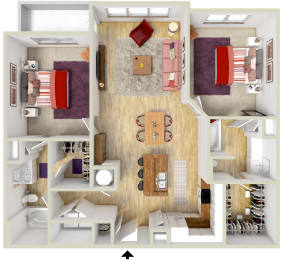 Floor Plan  4700 Colonnade apartments Birmingham Alabama two-bedroom floorplan in 3d Rendering