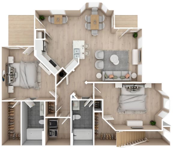 2 bedroom, 2 bathroom floor plan at Audubon Park Apartment Homes, Zachary, LA