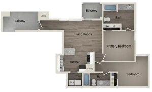 a furnished floor plan with a bedroom and a living room