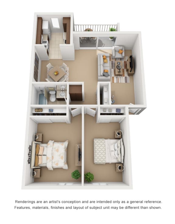 2 Bedroom 1 Bathroom Plan 2 3D Floor Plan Layout at Encina Meadows Apartments, Goleta, CA