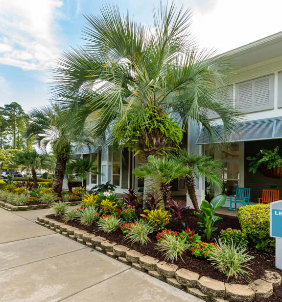 a building with a leasing center sign in front of a palm tree