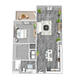 A floor plan of a house with a kitchen, living room, and two bedrooms.