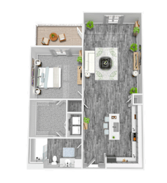 A floor plan of a house with a kitchen, living room, and two bedrooms.