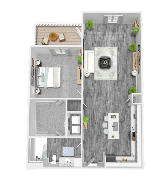 A floor plan of a house with a kitchen, living room, and two bedrooms.