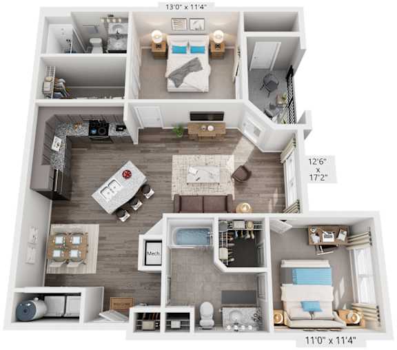 2 Bed 2 Bath Floor Plan | 1,019 Sq. Ft. at Streets of Greenbrier, VA, 23320