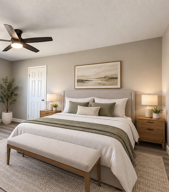 A well-lit bedroom with a large bed and a painting on the wall.