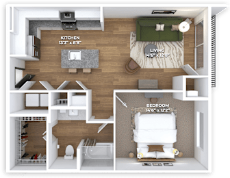 A 3D floor plan of a small apartment with a kitchen, living room, and bedroom.