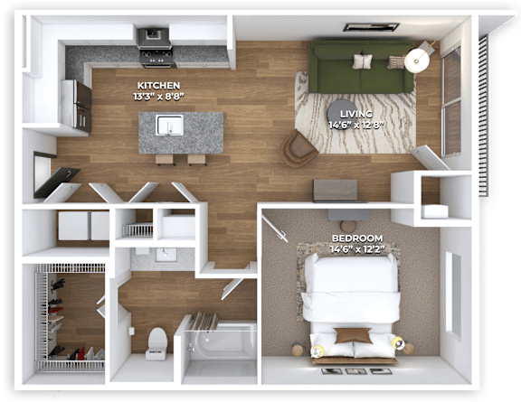 A 3D floor plan of a small apartment with a kitchen, living room, and bedroom.