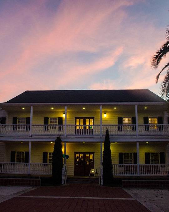 A house with a porch and palm trees in front.