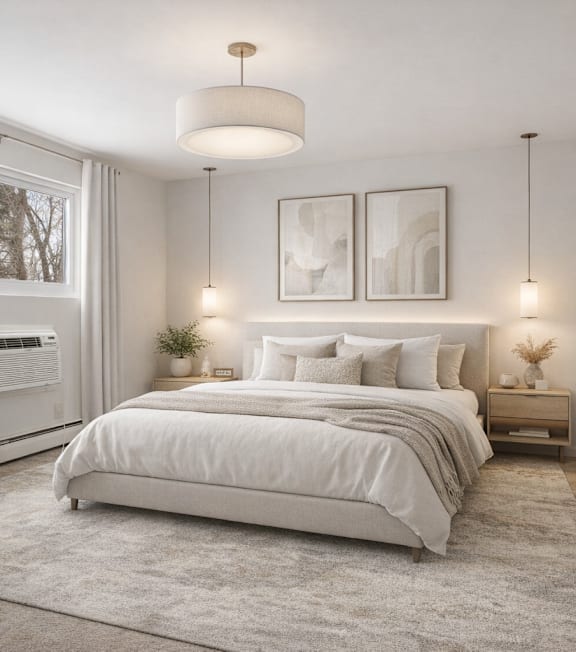 A well-lit, modern bedroom with a large bed, a potted plant, and a window.