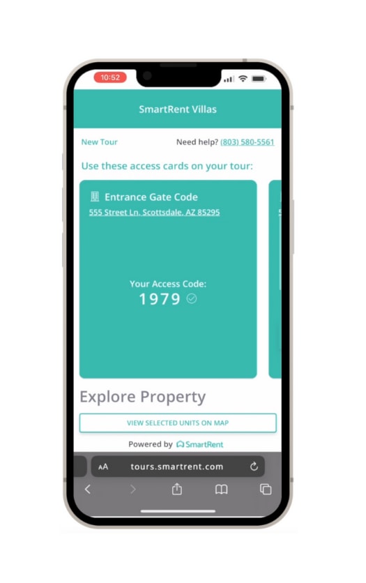 A phone screen displays a self-guided tour option for Wilshire La Brea Apartments.