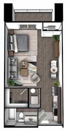 A floor plan of an apartment with a kitchen, living room, and two bedrooms.