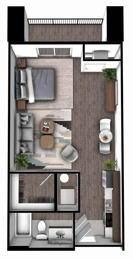 A floor plan of an apartment with a kitchen, living room, and two bedrooms.
