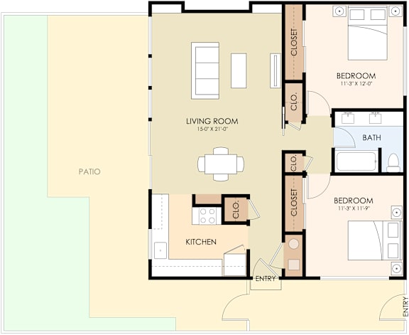 A floor plan of a 1280 square foot, two-bedroom, one-bathroom apartment.
