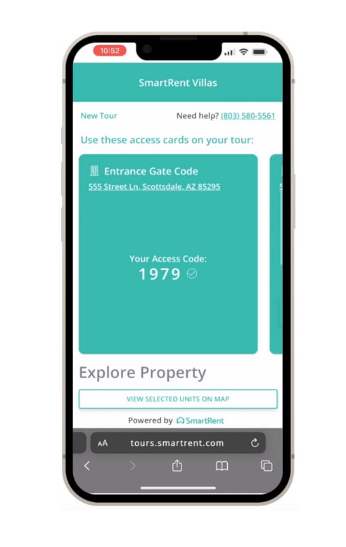 A phone screen displays a self-guided tour option for Wilshire La Brea Apartments.