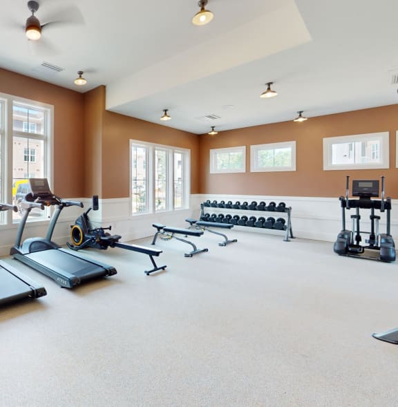 a gym with cardio equipment and weights on the floor and windows