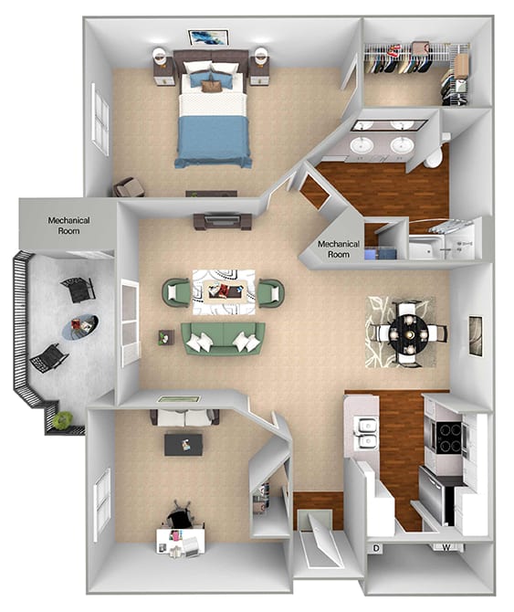 Mountain Shadows Apartments - A2 (Antiqua) - 1 Bedroom and 1 bath - 3D floor plan