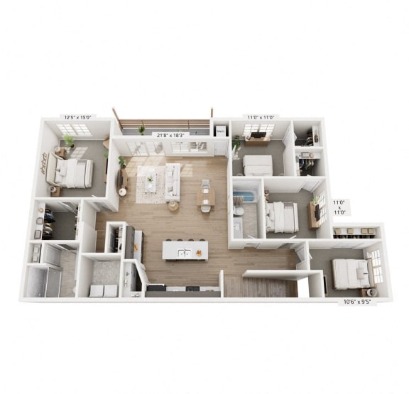 a stylized image of a floor plan and a rendering of a building with cars
