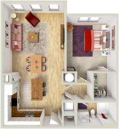 Floor Plan  4700 Colonnade Birmingham Alabama one-bedroom apartment floorplan in 3d Rendering