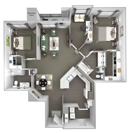Avenel at Montgomery Square floor plans - The Warwick 2 with den - B7 - 2 Bed 2 Bath - 3D
