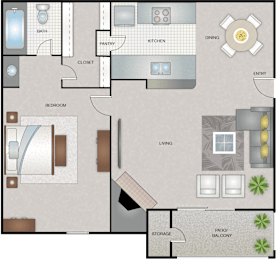 A floor plan of a house with a living room, dining room, kitchen, and bathroom.