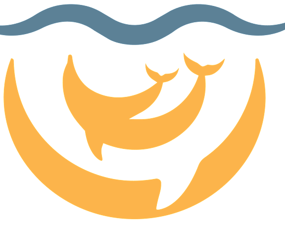 Two dolphins jumping out of the water under a sun.