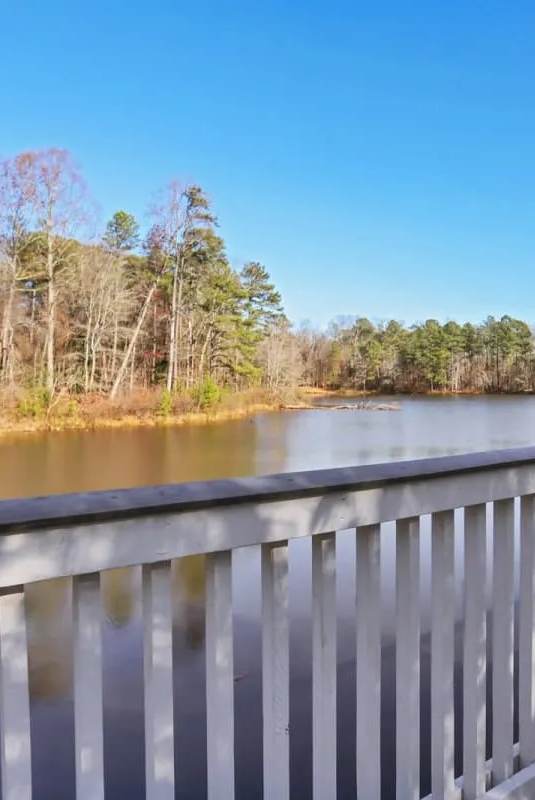 A wooden bridge over a calm body of water with trees in the background.
