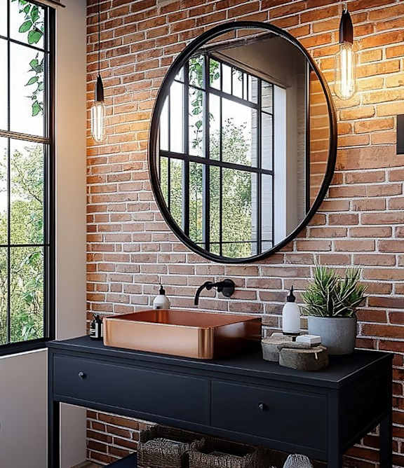 A bathroom with a round mirror and a black vanity.
