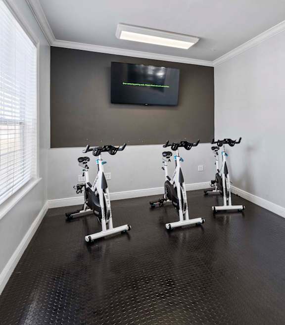 A room with a television and exercise bikes.