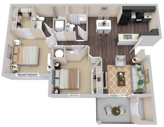 A 3D floor plan of a house with a kitchen, living room, dining room, and bedrooms.
