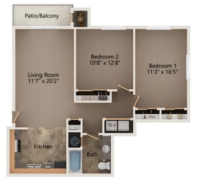 Floor Plan  Oak two bedroom floorplan at highland view apartments