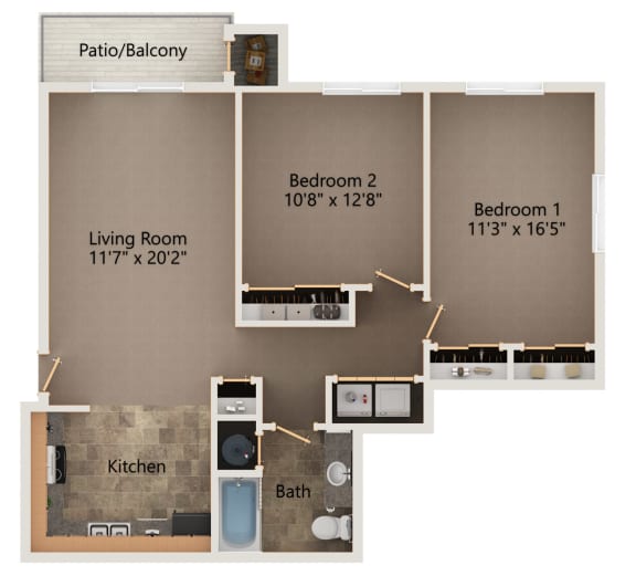 Oak two bedroom floorplan at highland view apartments