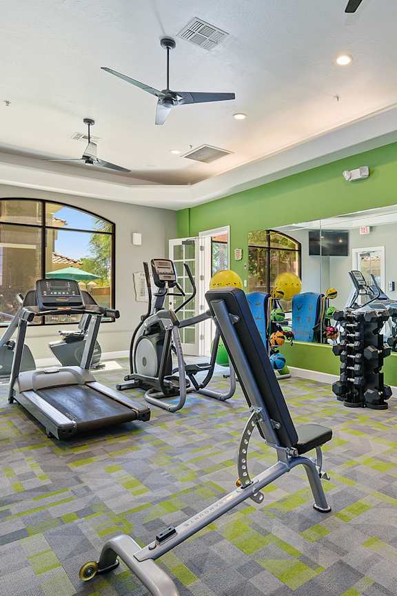 a gym with weights and cardio equipment and a green wall