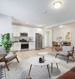 a living room with two couches and a rug and a dining room table