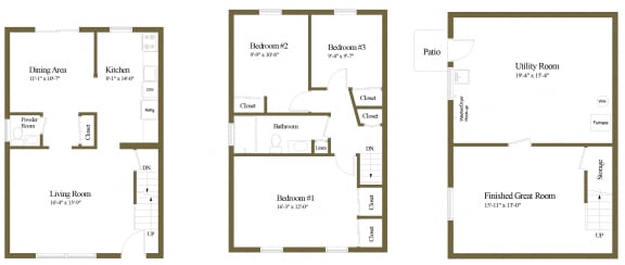 3 bedroom 1.5 bathroom floor plan at Rockdale Gardens and Townhomes and Clifmar and Hilmar in Windsor Mill, MD