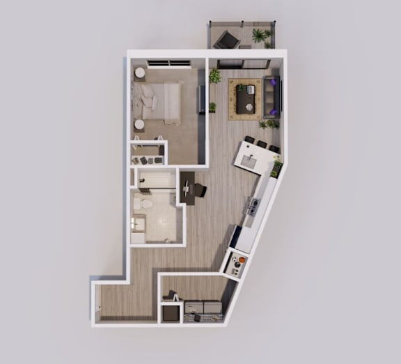 A top-down view of a house layout with a kitchen, living room, and two bedrooms.