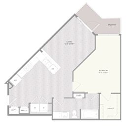 A drawing of a house with a living room, dining room, kitchen, and two bathrooms.