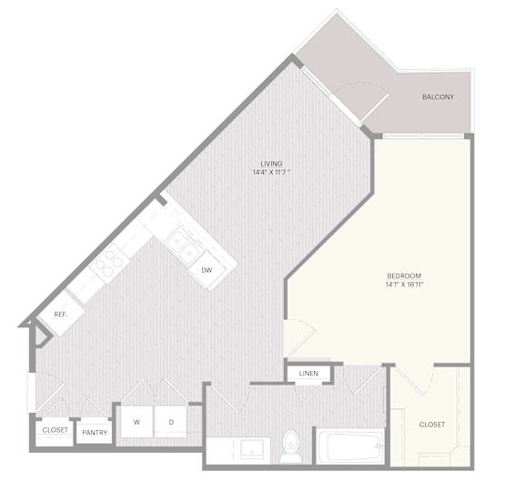 A drawing of a house with a living room, dining room, kitchen, and two bathrooms.