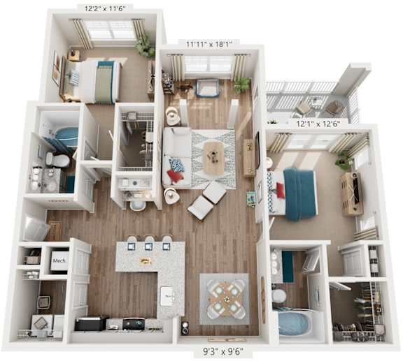 2 Bed 2 Bath Floor Plan | 1,345 Sq. Ft. at Lullwater at Big Ridge, Hixson, 37343
