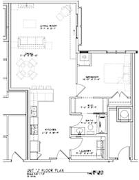 A floor plan of a house with a kitchen, living room, and two bedrooms.