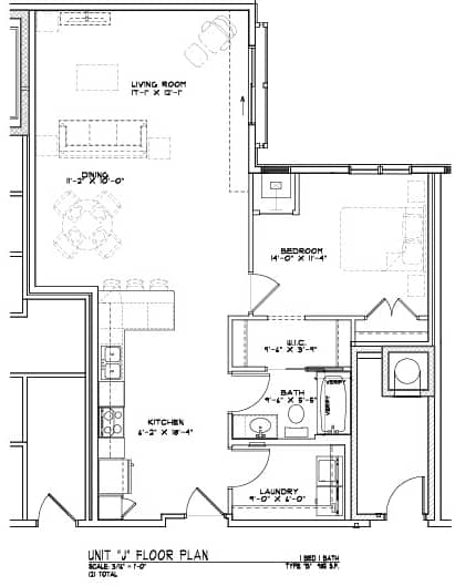 A floor plan of a house with a kitchen, living room, and two bedrooms.