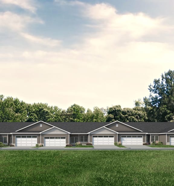 a rendering of a ranch house with white garage doors