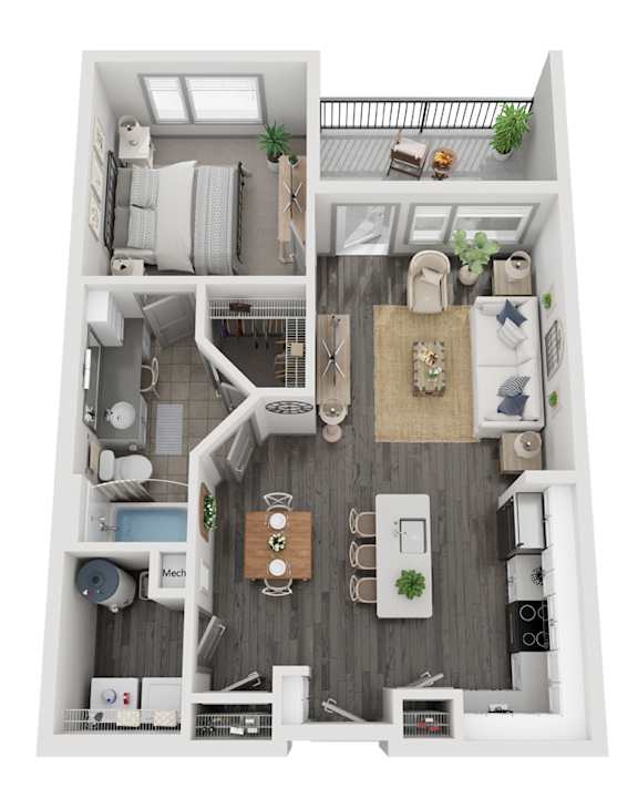 A 3D floor plan of a small apartment with a kitchen, living room, and bathroom.