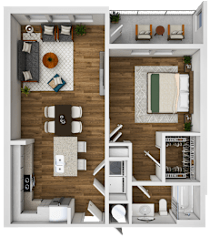 A top-down view of a small apartment with a kitchen, living room, and bedroom.