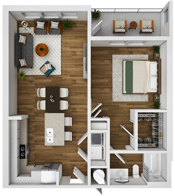 A top-down view of a small apartment with a kitchen, living room, and bedroom.