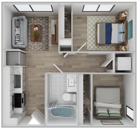A top-down view of a small, modern apartment with a kitchen, living room, and bedroom.