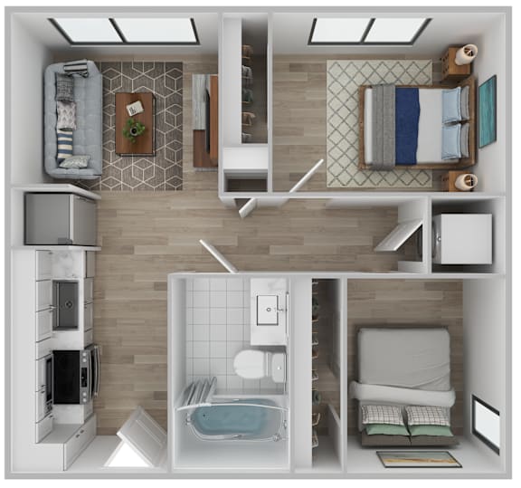 A top-down view of a small, modern apartment with a kitchen, living room, and bedroom.