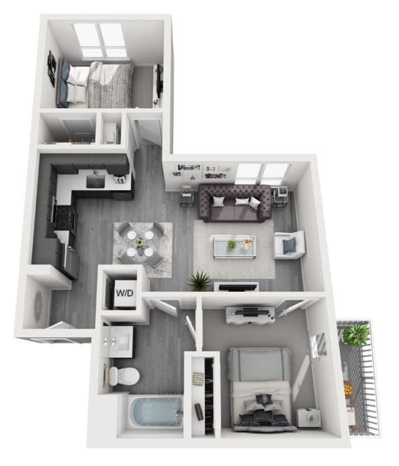 a stylized floor plan of a 1 bedroom apartment